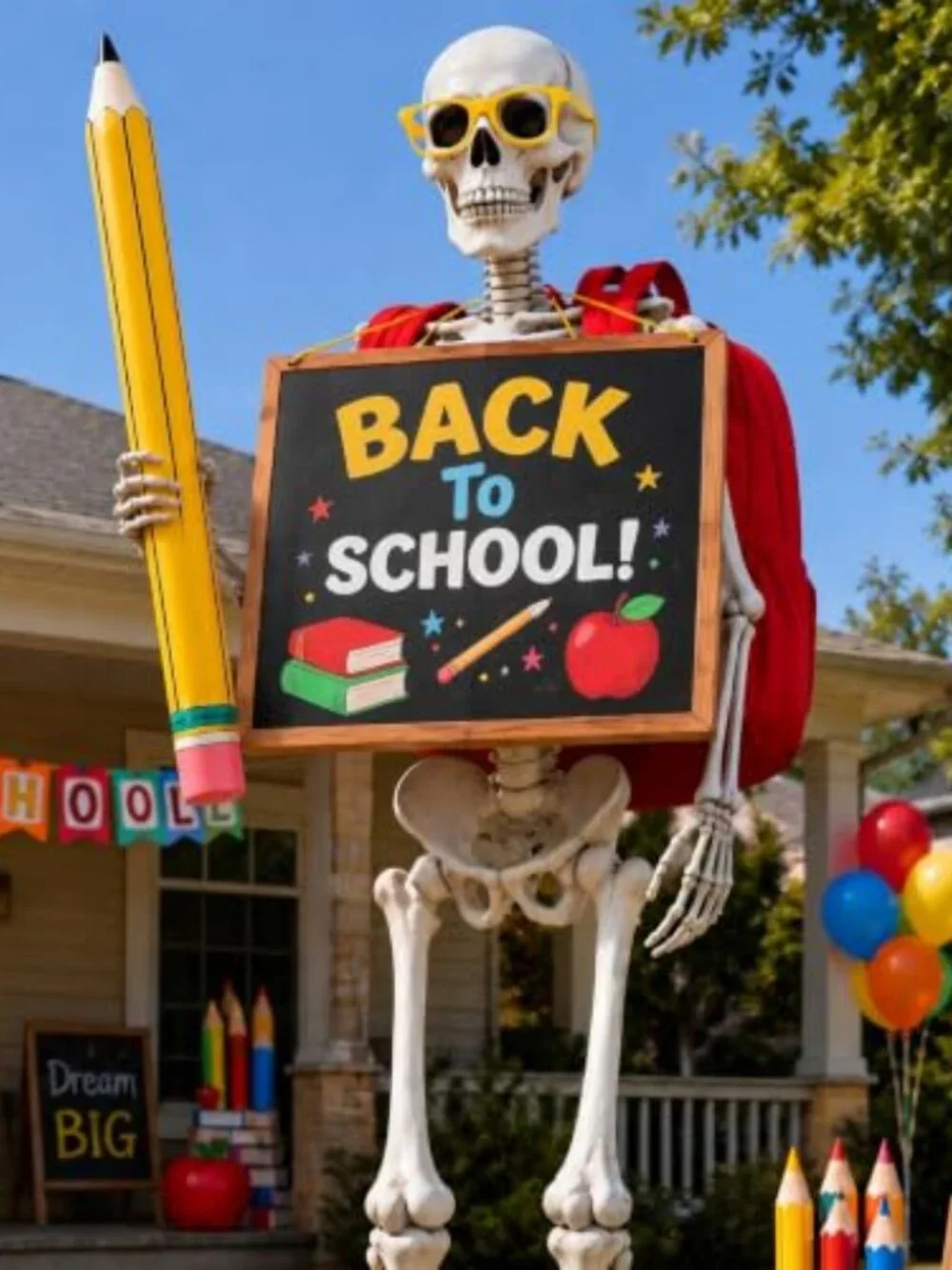 12FT Skeleton Back to School Outfit Kit - Schoolbag, Sign, Glasses & Pencil